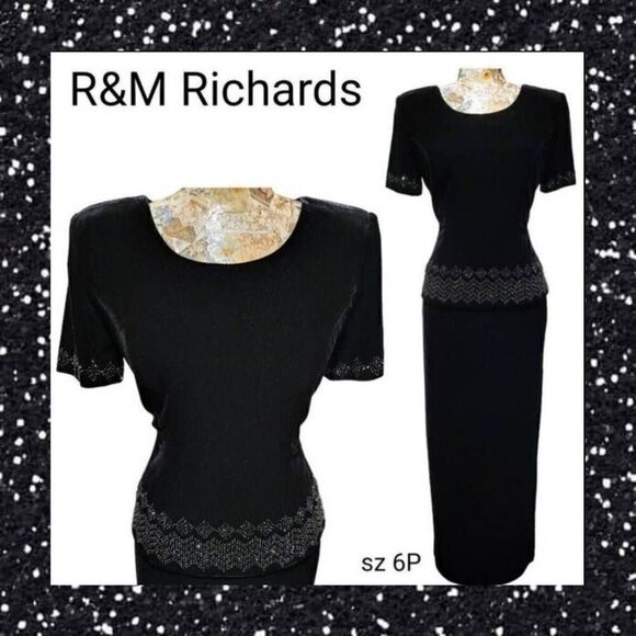Formal Long Black Velvet Beaded Long Gown Maxi Dress Designer R&M Richards - Picture 2 of 12